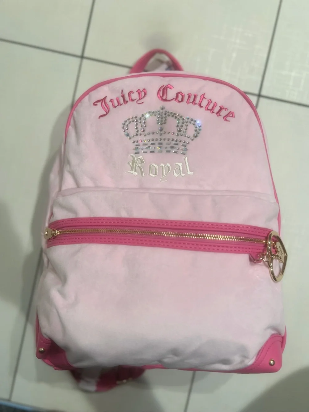 Juicy Couture Pink Velvet Kids Backpack with Crown Rhinestones
